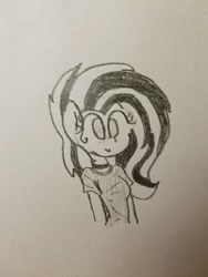 Size: 540x720 | Tagged: safe, artist:binary6, imported from derpibooru, fluttershy, oc, oc only, oc:kimoshy, anthro, breasts, choker, clothes, emoshy, female, freckles, grayscale, monochrome, shirt, simple background, solo, traditional art
