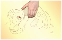 Size: 1073x697 | Tagged: safe, artist:sherwoodwhisper, imported from derpibooru, oc, oc only, oc:eri, human, pony, unicorn, cute, female, grayscale, hand, holding a pony, looking up, mare, monochrome, solo focus, underhoof, wide eyes