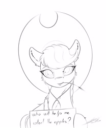 Size: 2500x3000 | Tagged: safe, artist:skitsniga, artist:skitsroom, imported from derpibooru, applejack, earth pony, pony, female, hay stalk, lineart, mare, monochrome, sign, solo, straw in mouth