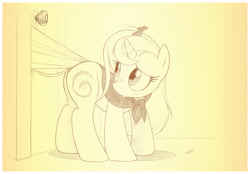 Size: 1153x802 | Tagged: safe, artist:sherwoodwhisper, imported from derpibooru, oc, oc only, oc:eri, mouse, pony, unicorn, door, female, mare, monochrome, stuck
