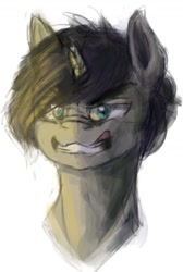 Size: 866x1292 | Tagged: artist needed, safe, imported from derpibooru, oc, oc only, oc:schurl miller, angry, broken horn, bust, gritted teeth, looking at you, male, portrait, sketch, solo