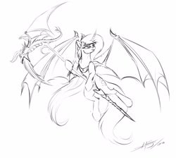 Size: 3300x3000 | Tagged: safe, artist:skitsniga, artist:skitsroom, imported from derpibooru, princess luna, bat wings, female, lineart, monochrome, sketch, solo, spear, weapon