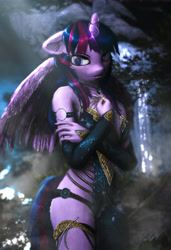 Size: 4320x6320 | Tagged: safe, artist:princeoracle, imported from derpibooru, twilight sparkle, twilight sparkle (alicorn), alicorn, anthro, 3d, absurd resolution, bare shoulders, breasts, clothes, crepuscular rays, crossed arms, dress, featured image, female, floppy ears, fluffy, gloves, glowing horn, horn, leg fluff, lidded eyes, long gloves, looking at you, magic, magic aura, mare, paintover, regalia, sexy, shoulder fluff, shy, signature, solo, source filmmaker, wing fluff