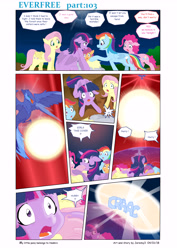 Size: 6197x8760 | Tagged: safe, artist:jeremy3, imported from derpibooru, fluttershy, pinkie pie, rainbow dash, scootaloo, twilight sparkle, twilight sparkle (alicorn), alicorn, night phoenix, phoenix, pony, comic:everfree, absurd resolution, comic, force field
