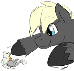 Size: 1234x1178 | Tagged: safe, artist:tinibirb, artist:xeirla, color edit, edit, imported from derpibooru, oc, oc only, oc:der, oc:floofy, earth pony, griffon, pony, boop, colored, duo, giant pony, macro, male, micro, size difference