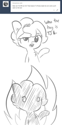 Size: 660x1320 | Tagged: safe, artist:tjpones, imported from derpibooru, oc, oc only, oc:brownie bun, earth pony, pony, horse wife, ask, breaking the fourth wall, burning, bust, chest fluff, comic, ear fluff, female, grayscale, karma, mare, monochrome, raised hoof, simple background, solo, this ended in fire, this will end in fire, tumblr, white background