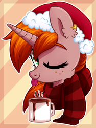 Size: 2808x3736 | Tagged: safe, artist:astralblues, artist:starrcoma, imported from derpibooru, oc, oc only, oc:debra rose, pony, unicorn, blinking, bust, chocolate, christmas, clothes, ear piercing, earring, food, freckles, hat, holiday, horn, hot chocolate, jewelry, one eye closed, piercing, santa hat, scarf, simple background, solo, tongue out, wink