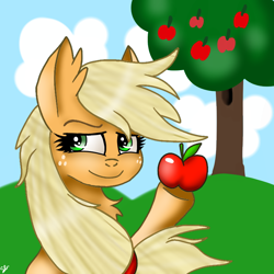 Size: 768x768 | Tagged: safe, artist:galaxy swirl, artist:starsky-glammer112, imported from derpibooru, applejack, earth pony, pony, apple, apple tree, female, food, freckles, fruit, hoof hold, mare, solo, tree, underhoof