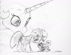 Size: 1950x1510 | Tagged: safe, artist:dilarus, deleted from derpibooru, imported from derpibooru, princess celestia, starlight glimmer, twilight sparkle, alicorn, pony, unicorn, the tiny apprentice, behind you, cute, dilarus is trying to murder us, female, glimmerbetes, heart, looking at each other, looking down, looking up, mare, micro, monochrome, pictogram, simple background, size difference, sketch, smiling, smol, teacher and student, tiny ponies, traditional art, unicorn twilight, weapons-grade cute