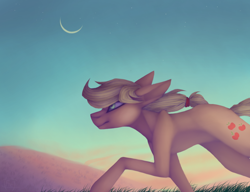 Size: 1000x766 | Tagged: safe, artist:wwalexcornerww, imported from derpibooru, applejack, earth pony, pony, crescent moon, evening, female, galloping, mare, moon, running, solo