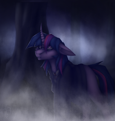 Size: 908x961 | Tagged: safe, artist:wwalexcornerww, imported from derpibooru, twilight sparkle, pony, unicorn, clothes, crossover, darkness, female, fog, forest, glasses, harry potter, harry potter (series), horn, night, solo, uniform