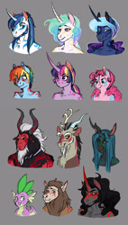 Size: 1600x2826 | Tagged: safe, artist:earthsong9405, imported from derpibooru, discord, king sombra, lord tirek, pinkie pie, princess celestia, princess luna, queen chrysalis, rainbow dash, scorpan, shining armor, spike, twilight sparkle, alicorn, anthro, centaur, changeling, changeling queen, dragon, earth pony, gargoyle, pegasus, unicorn, goddess au, alternate universe, baby, baby dragon, beard, bust, comparison, curved horn, cute, cute little fangs, demigod, ethereal mane, facial hair, fangs, female, god, goddess, gray background, lip bite, long description, simple background, spikabetes, starry mane, swirly markings, twilight sparkle (alicorn), winged spike