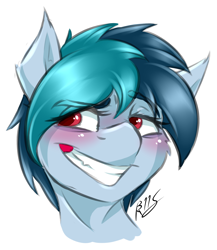 Size: 1868x2156 | Tagged: safe, artist:drizziedoodles, imported from derpibooru, oc, oc only, oc:delta vee, pony, bedroom eyes, blushing, bust, cute, cute little fangs, fangs, grin, portrait, simple background, smiling, smirk, solo, white background