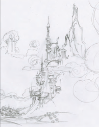 Size: 936x1209 | Tagged: safe, artist:lauren faust, imported from derpibooru, canterlot, inspiration, minas tirith, monochrome, mountain, no pony, peak, scenery, sketch, traditional art