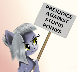 Size: 1300x1200 | Tagged: safe, artist:chopsticks, edit, imported from derpibooru, limestone pie, earth pony, pony, cheek fluff, chest fluff, female, mare, prejudice, protest, sign, simple background, solo, unamused