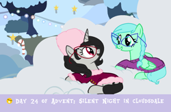 Size: 1344x884 | Tagged: safe, artist:obeliskgirljohanny, imported from derpibooru, oc, oc only, oc:seraphim cyanne, oc:turtledove, pegasus, pony, unicorn, advent calendar, base used, clothes, cloud, cloudsdale, female, from above, glasses, hearthwarmingeve, lights, looking at each other, mare