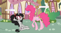 Size: 2521x1385 | Tagged: safe, artist:obeliskgirljohanny, imported from derpibooru, pinkie pie, oc, oc:seraphim cyanne, base used, clenched teeth, collaboration, eardroped, gritted teeth, looking at each other, ponyville, shocked, speech bubble, surprised, wide eyes