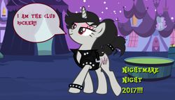 Size: 1851x1069 | Tagged: safe, artist:obeliskgirljohanny, imported from derpibooru, oc, oc only, oc:seraphim cyanne, pony, unicorn, base used, female, lidded eyes, mare, mascara, nightmare night, ponyville, punk, punk fashion, smug, speech bubble, spiked wristband, wristband