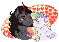 Size: 4478x3181 | Tagged: safe, artist:earthsong9405, imported from derpibooru, king sombra, oc, oc:princess muse, alicorn, pony, unicorn, alicorn oc, blushing, canon x oc, commission, curved horn, female, kissing, male, mare, smiling, stallion