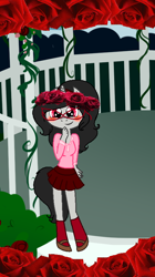 Size: 460x820 | Tagged: safe, artist:obeliskgirljohanny, imported from derpibooru, oc, oc only, oc:seraphim cyanne, anthro, unguligrade anthro, blushing, clothes, floral head wreath, flower, gazebo, looking at you, rose