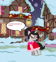 Size: 1669x1829 | Tagged: safe, artist:obeliskgirljohanny, imported from derpibooru, oc, oc only, oc:seraphim cyanne, pony, unicorn, clothes, eyes closed, female, hearthwarming eve, mare, ponyville, snow, speech bubble