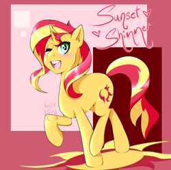 Size: 2163x2147 | Tagged: safe, artist:pharaohkieru, imported from derpibooru, sunset shimmer, pony, unicorn, abstract background, cute, female, one eye closed, open mouth, shimmerbetes, simple background, solo, wink