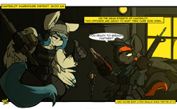 Size: 2417x1485 | Tagged: safe, artist:bbsartboutique, imported from derpibooru, oc, oc only, oc:crafted sky, oc:delta dart, hippogriff, ar-15, ar15, body armor, dialogue, gun, hat, helmet, neck feathers, tactical squad, tacticool, talons, weapon