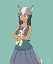 Size: 3305x4001 | Tagged: safe, artist:wolfy-pony, imported from derpibooru, oc, oc only, human, pony, absurd resolution, clothes, female, looking at you, mare, non-mlp oc, pleated skirt, simple background, skirt, smiling