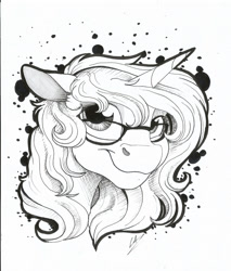 Size: 1024x1204 | Tagged: safe, artist:lupiarts, imported from derpibooru, oc, oc only, pony, unicorn, bust, glasses, horn, lineart, monochrome, smiling, solo, unicorn oc