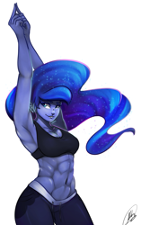 Size: 627x1000 | Tagged: safe, artist:xxmarkingxx, imported from derpibooru, princess luna, human, abs, armpits, black sweatpants, clothes, female, humanized, midriff, muscles, pants, pony coloring, princess muscle moona, smiling, solo, sports bra, sweatpants, workout