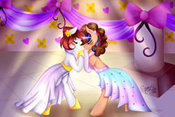 Size: 3000x2000 | Tagged: safe, artist:shamy-crist, imported from derpibooru, oc, oc only, oc:sweethearts, oc:yuko, earth pony, pony, unicorn, blushing, clothes, dress, female, high res, lesbian, mare, oc x oc, shipping, wedding dress