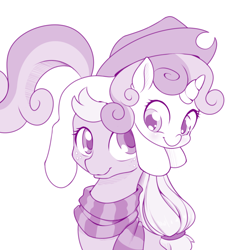 Size: 1000x1030 | Tagged: safe, artist:dstears, imported from derpibooru, part of a set, applejack, sweetie belle, earth pony, pony, unicorn, clothes, cowboy hat, cute, diasweetes, duo, female, filly, hat, mare, monochrome, ponies riding ponies, pony hat, purple, riding, scarf, simple background, sweetie belle riding applejack, sweetiehat, white background