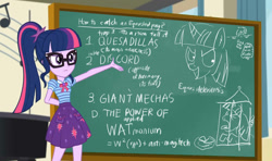 Size: 1460x865 | Tagged: safe, edit, edited screencap, imported from derpibooru, screencap, sci-twi, twilight sparkle, equestria girls, equestria girls series, overpowered (equestria girls), :3, >:3, applied phlebotinium, chalkboard, disgusted, exploitable meme, food, geode of telekinesis, graffiti, human ponidox, implied discord, implied pinkie pie, implied principal celestia, implied rainbow dash, kilroy was here, latin, meme, plan, quesadilla, scientific name, self ponidox, they're just so cheesy, twilight sparkle's chalkboard, wat