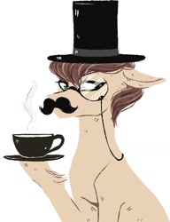 Size: 1000x1302 | Tagged: safe, artist:weird--fish, imported from derpibooru, oc, oc only, oc:rusty star, earth pony, pony, bust, cup, facial hair, food, hat, like a sir, monocle, monocle and top hat, moustache, simple background, solo, tea, teacup, top hat, white background