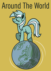 Size: 2953x4134 | Tagged: safe, artist:ami-gami, artist:amy-gamy, imported from derpibooru, lyra heartstrings, pony, unicorn, africa, around the world, asia, daft punk, earth, europe, eyes closed, female, macro, mega lyra, missing cutie mark, planet, pony bigger than a planet, poster, simple background, smiling, solo, song reference, trotting, yellow background