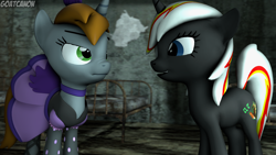 Size: 3840x2160 | Tagged: safe, artist:goatcanon, imported from derpibooru, oc, oc:littlepip, oc:velvet remedy, pony, unicorn, fallout equestria, 3d, clothes, crossover, cute, dress, duo, fallout, fanfic, fanfic art, female, gmod, horn, mare, open mouth, source filmmaker, teeth, tomboy taming, unamused