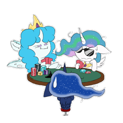 Size: 800x800 | Tagged: safe, artist:sanyo2100, imported from derpibooru, princess celestia, princess luna, oc, oc:kamioko, changeling, changeling queen, changeling oc, changeling queen oc, chibi, crown, female, ice changeling, jewelry, playing card, poker, poker chips, regalia, smug, sunglasses, sweat, sweatdrop, table