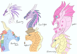 Size: 5400x3780 | Tagged: safe, artist:aprilsilverwolf, imported from derpibooru, applejack, fluttershy, pinkie pie, rainbow dash, rarity, twilight sparkle, alicorn, dragon, crossover, dragonified, dragonjack, flutterdragon, icewing, nightwing (species), pinkiedragon, rainbow dragon, rainwing, raridragon, sandwing, seawing, species swap, twilidragon, twilight sparkle (alicorn), wings of fire (book series)