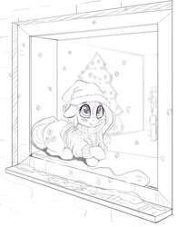 Size: 1222x1566 | Tagged: safe, artist:alcor, imported from derpibooru, fluttershy, oc, oc:anon, pegasus, pony, behaving like a cat, blushing, bottomless, christmas, christmas tree, clothes, cute, female, floppy ears, hat, holiday, looking out the window, looking up, mare, monochrome, partial nudity, prone, santa hat, shyabetes, smiling, snow, snowfall, solo, solo focus, sweater, sweatershy, tree, window, windowsill