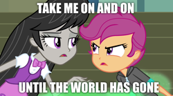 Size: 1280x714 | Tagged: safe, edit, edited screencap, imported from derpibooru, screencap, octavia melody, scootaloo, equestria girls, rainbow rocks, electric light orchestra, image macro, lyrics, meme, song reference, take me on and on