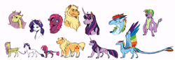 Size: 12000x4185 | Tagged: safe, artist:earthsong9405, imported from derpibooru, applejack, fluttershy, pinkie pie, rainbow dash, rarity, spike, twilight sparkle, changeling, diamond dog, dragon, feathered dragon, hengstbear, hengstwolf, hybrid, original species, succubus, unicorn, werebear, werewolf, absurd resolution, alternate universe, appledash, applepie, appleshy, bat wings, bust, changelingified, charm, collar, colored hooves, colored wings, curved horn, disguise, dog collar, dragoness, dragonified, ear piercing, earring, feathered ears, female, flarity, flutterdash, flutterpie, jewelry, leonine tail, lesbian, lip bite, long description, male, mane seven, mane six, mare, monster au, multicolored wings, mutant, omniship, piercing, pinkiedash, rainbow dragon, rainbow wings, raridash, rarijack, rarilight, raripie, realistic horse legs, scar, shipping, shipping in the description, simple background, size comparison, species swap, twidash, twijack, twishy, white background, wing claws, wing ears, witch