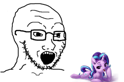 Size: 1200x800 | Tagged: artist needed, safe, imported from derpibooru, starlight glimmer, glasses, meme, open mouth, soyboy, soyjak, wojak