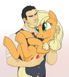 Size: 1800x2000 | Tagged: dead source, safe, artist:tex, imported from derpibooru, applejack, oc, oc:tex, earth pony, human, pony, butt, clothes, female, hand on butt, holding a pony, human male, male, mare, plot, simple background, underhoof, vest, white background