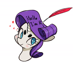 Size: 1534x1441 | Tagged: safe, artist:pinkieeighttwo, imported from derpibooru, rarity, pony, beanbrows, blushing, bust, eyebrows, female, portrait, quill, simple background, solo, white background