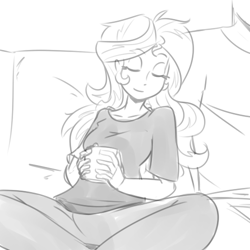 Size: 500x500 | Tagged: dead source, safe, artist:reiduran, imported from derpibooru, sunset shimmer, oc, oc:anon, equestria girls, canon x oc, clothes, couch, eyes closed, grayscale, monochrome, mug, pants, relaxing, shirt, sitting, sketch, smiling, solo focus
