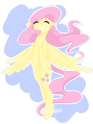 Size: 708x946 | Tagged: safe, artist:khaon, imported from derpibooru, fluttershy, pegasus, pony, eyes closed, female, floppy ears, flying, happy, mare, smiling, solo, spread wings, wings