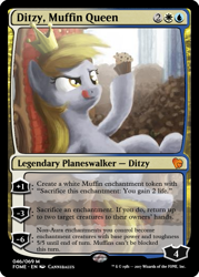 Size: 375x523 | Tagged: safe, artist:cannibalus, imported from derpibooru, derpy hooves, crown, food, jewelry, magic the gathering, muffin, muffin queen, planeswalker, regalia, throne, trading card, trading card edit