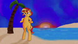 Size: 1024x576 | Tagged: safe, artist:exxticcy, imported from derpibooru, sunset shimmer, pony, unicorn, beach, bipedal, female, hooves on hips, palm tree, shading, solo, tree, water