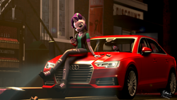 Size: 7680x4320 | Tagged: safe, artist:calveen, imported from derpibooru, starlight glimmer, twilight sparkle, alicorn, anthro, plantigrade anthro, unicorn, equestria girls, 3d, absurd resolution, audi, audi a4, bicycle, bus stop, car, cigarette, city, clothes, headlights, horn, lens flare, lighter, night, phone, pole, poster, sitting, smiling, smirk, smoking, source filmmaker, supercar, trash can, twilight sparkle (alicorn), vending machine, wallpaper, window