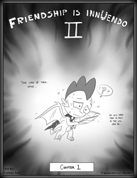 Size: 2550x3300 | Tagged: safe, artist:loreto-arts, imported from derpibooru, spike, dragon, comic:friendship is innuendo, comic:friendship is innuendo vol. 2, cipher, feather, implied gilda, monochrome, older, older spike, winged spike, wings